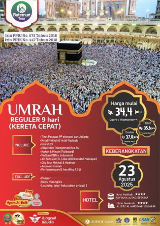 Paket Umrah  Reguler , Plus Kereta Cepat, Ahz-Btt, Bintang 4,  9 Hari, Keberangkatan 23 Agustus  2025